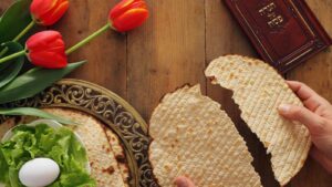 Jewish Passover Seder with Matzah and traditional items