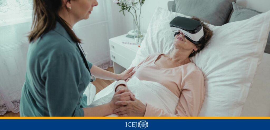 Love in action - nurse with patient undergoing virtual reality therapy - ICEJ Australia logo