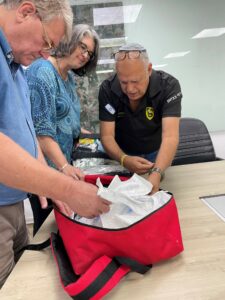 Rafi Babian displaying medical kit for Sadot Negev Regional Council.