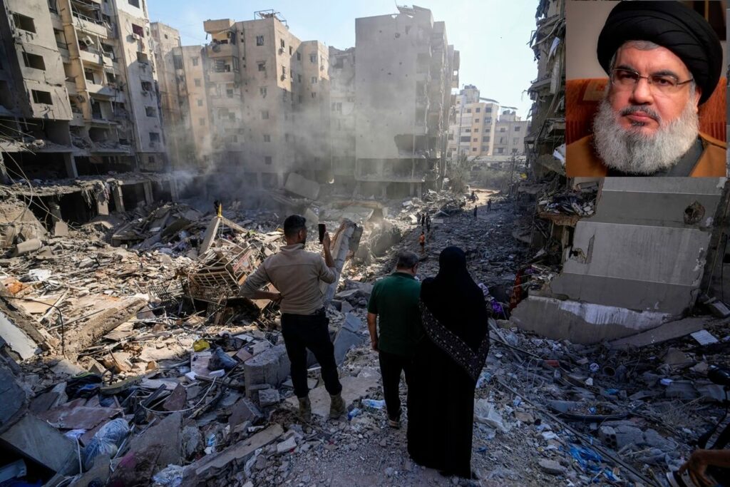 Lebanese view rubble from an Israeli airstrike on the command bunker of Hizbullah chief Hassan Nasrallah in south Beirut.