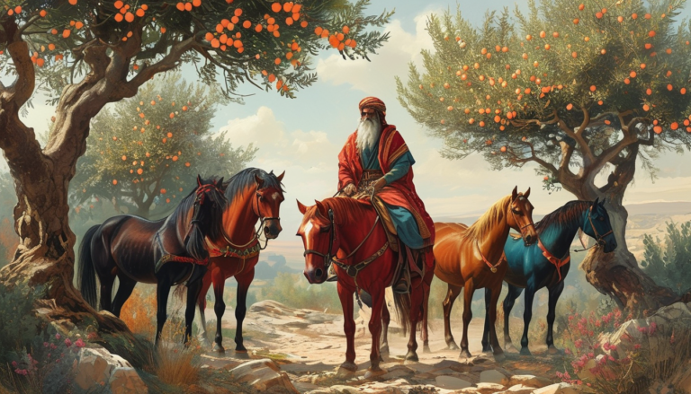 a man on a red horse and other coloured horses standing among myrtle trees.