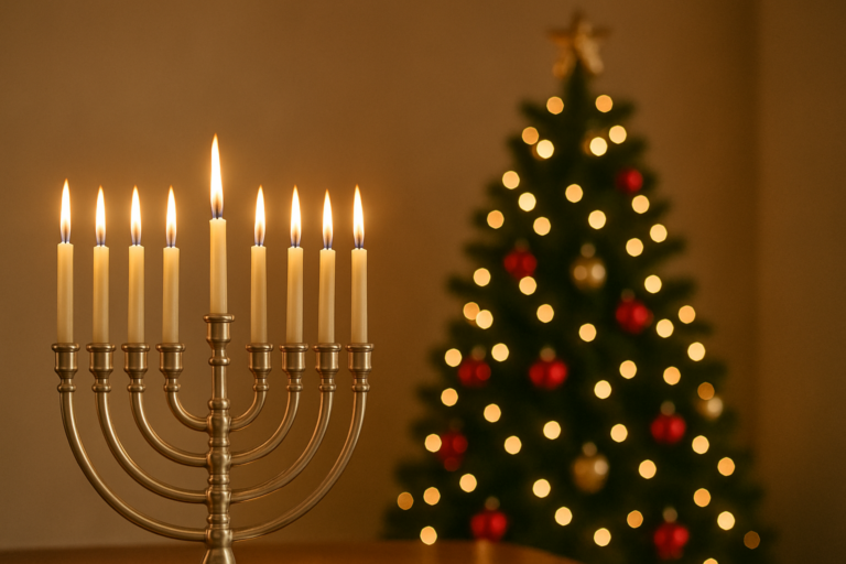 Menorah for Hanukkah in front of a Christmas tree