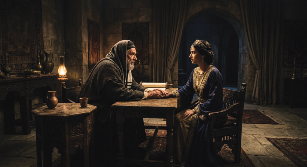 A depiction of Mordechai’s final appeal to Esther